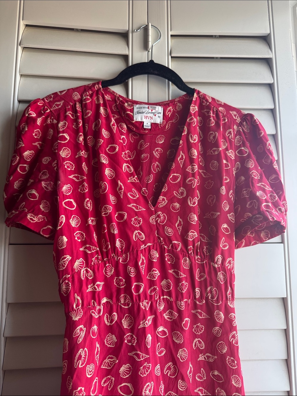 100% silk HVN Red Shell-Print Midi Dress